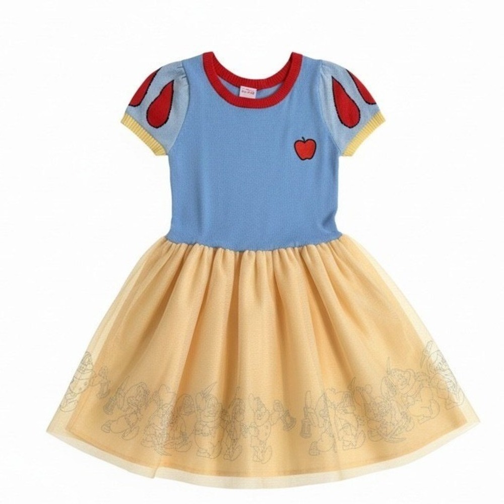 Disney Princess Snow White Girls Knit Tulle Dress Blueโ Yellow Seven Dwarfs L